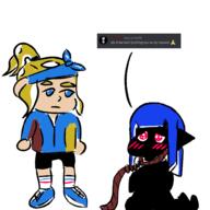 2boys blond_hair blue_eyes blue_hair blunt_bangs blush headband inkling jacket no_mouth red_eyes shoes simple_background sitting sneakers sou splatoon_(series) tach tentacle_hair white_background // 1000x1000 // 244KB